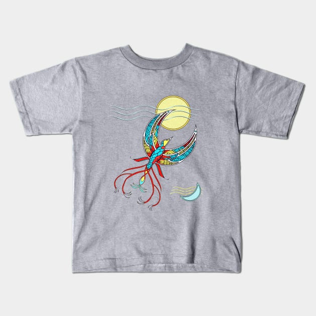 Firebird with Sun and Moon Kids T-Shirt by DISmithArt
